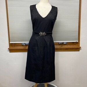 T Tahari Black Animal Print Sleeveless V-Neck Belted Midi Dress Size 4